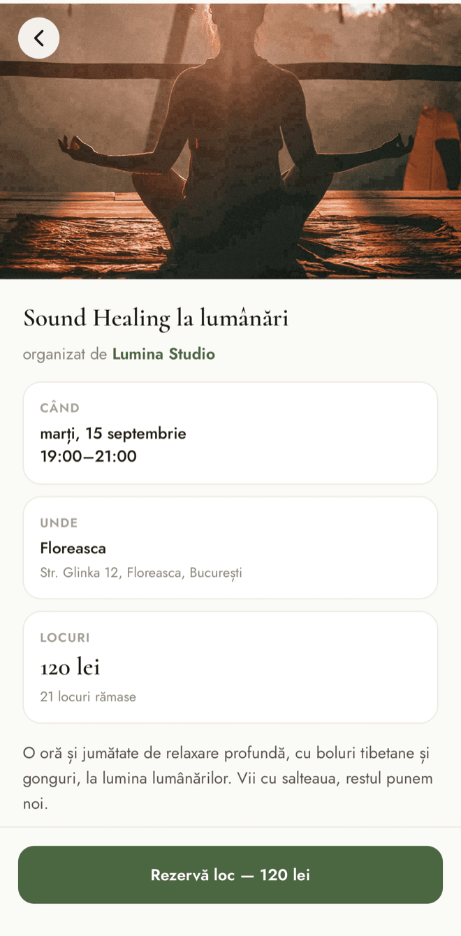 Un eveniment în WYRA — Sound Healing la lumânări, cu data, locul, prețul și locurile rămase