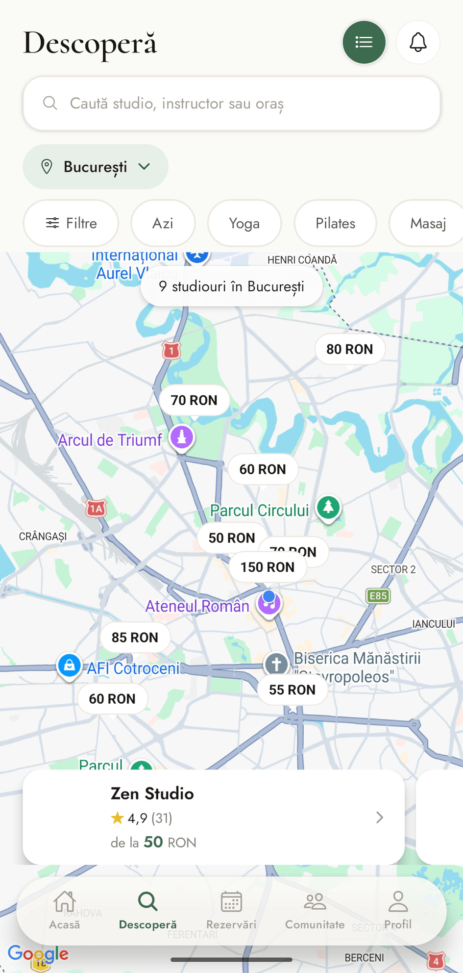 Descoperă pe hartă în WYRA — studiourile din București, cu prețul și ratingul