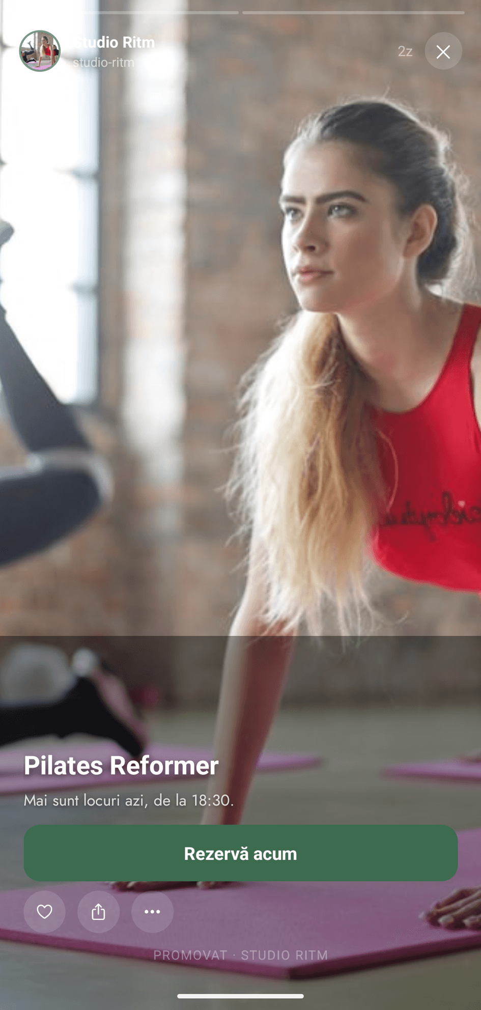 Un story în WYRA — Studio Ritm anunță locuri libere la Pilates Reformer, cu butonul Rezervă acum