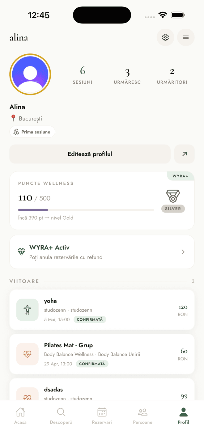Profilul tău în WYRA — puncte wellness, nivel și sesiuni